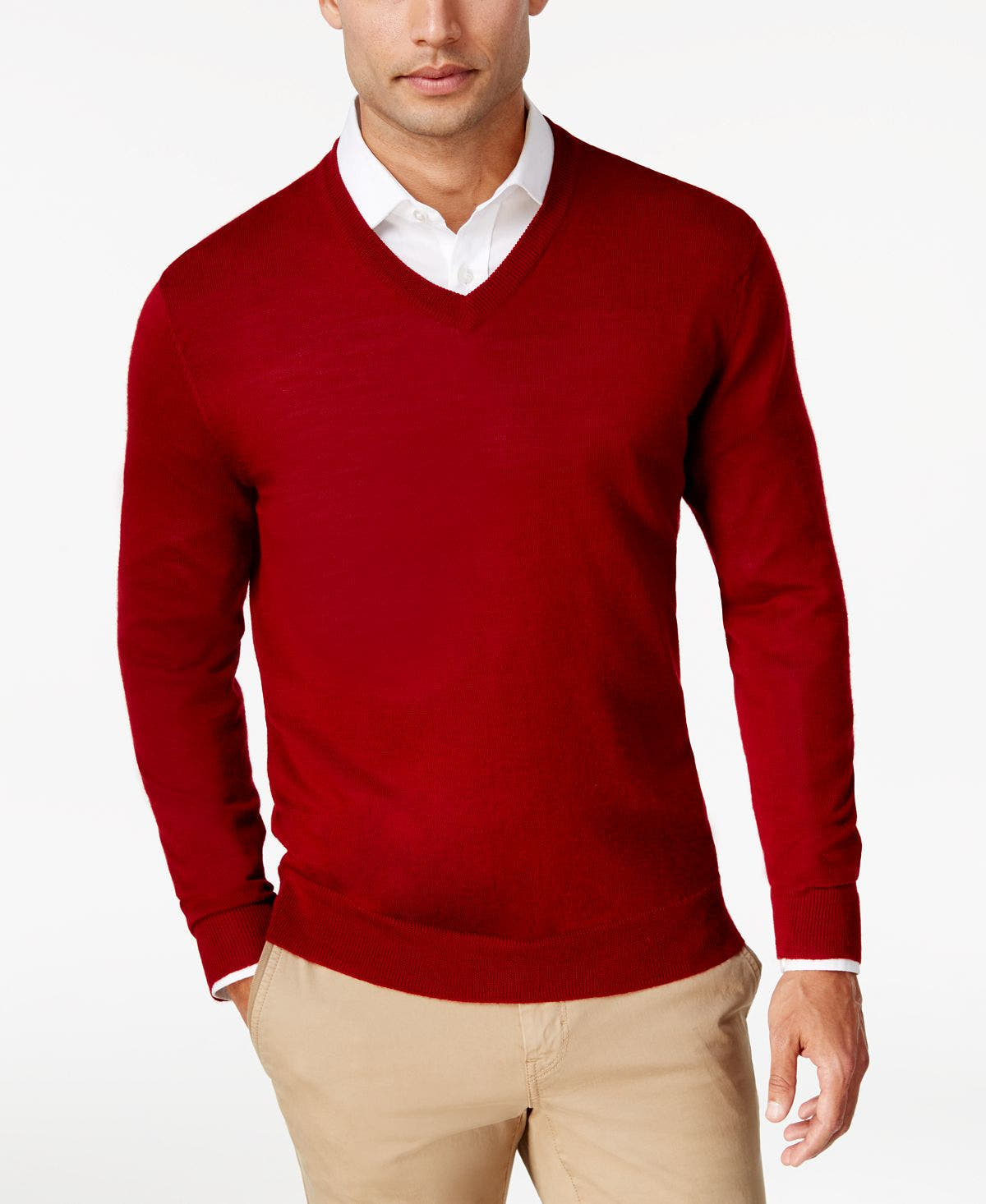 Club Room Solid V-neck Merino Wool Blend Sweater Cherry Red