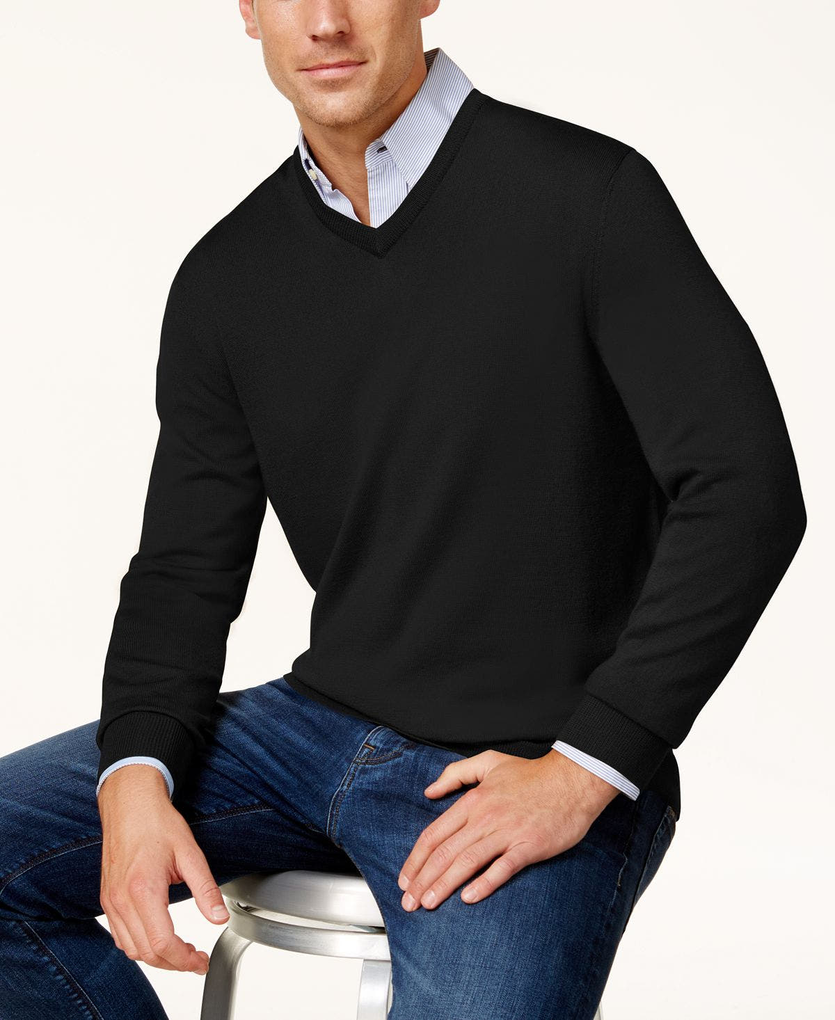 Club Room Solid V-neck Merino Wool Blend Sweater Deep Black