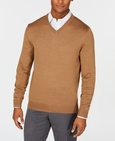 Club Room Solid V-neck Merino Wool Blend Sweater Fawn Heather Brown