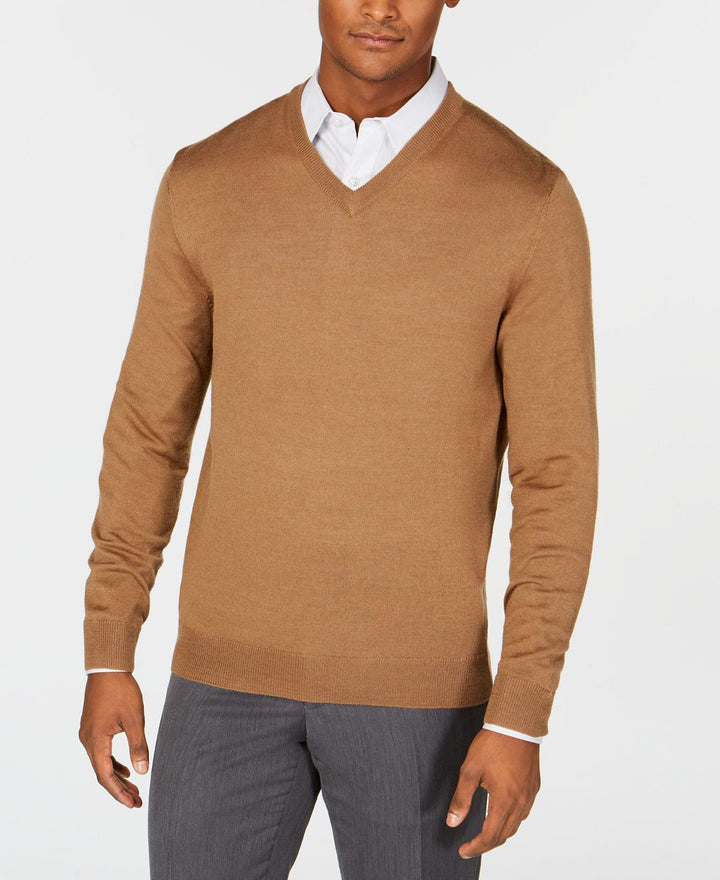 Club Room Solid V-neck Merino Wool Blend Sweater Fawn Heather Brown