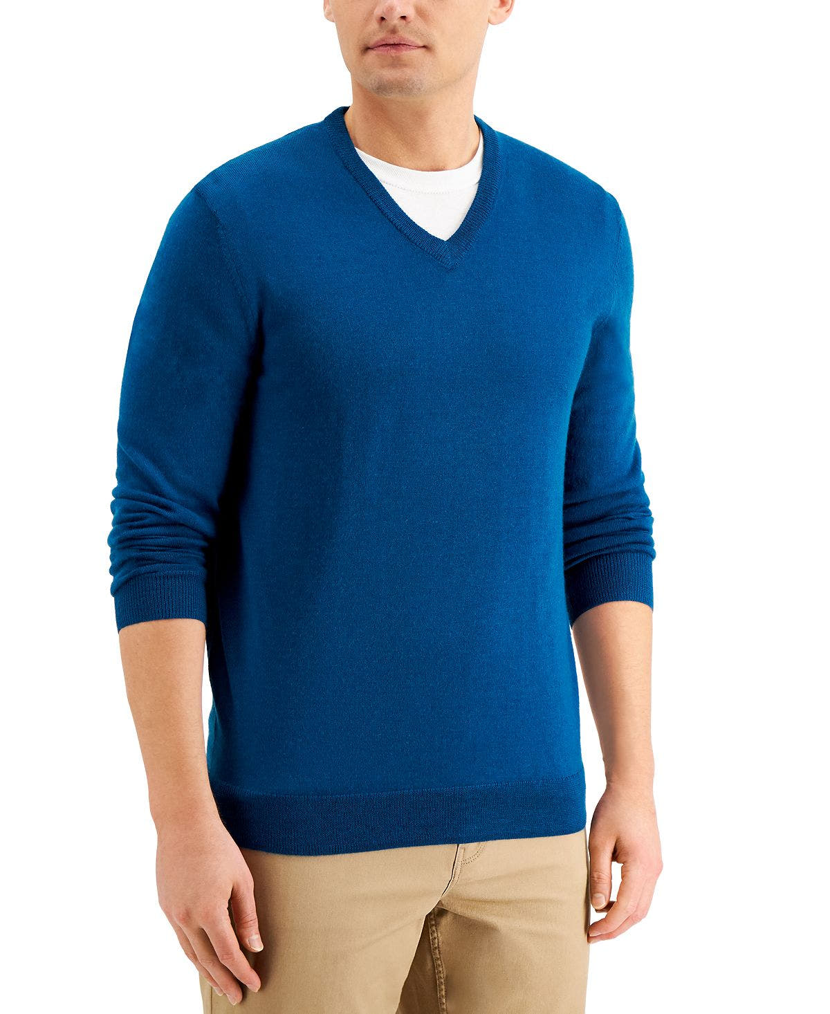 Club Room Solid V-neck Merino Wool Blend Sweater Majestic Teal