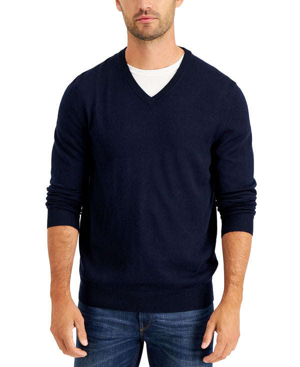 Club Room Solid V-neck Merino Wool Blend Sweater Navy Blue