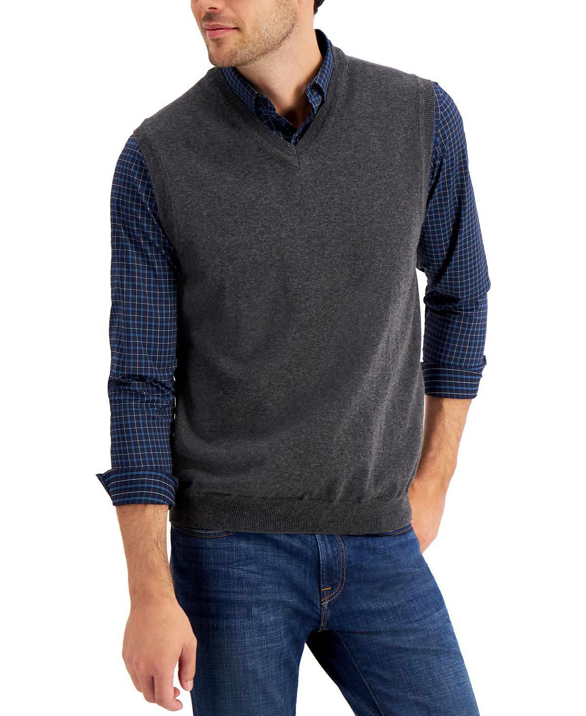 Club Room Solid V-neck Sweater Vest Charcoal Heather