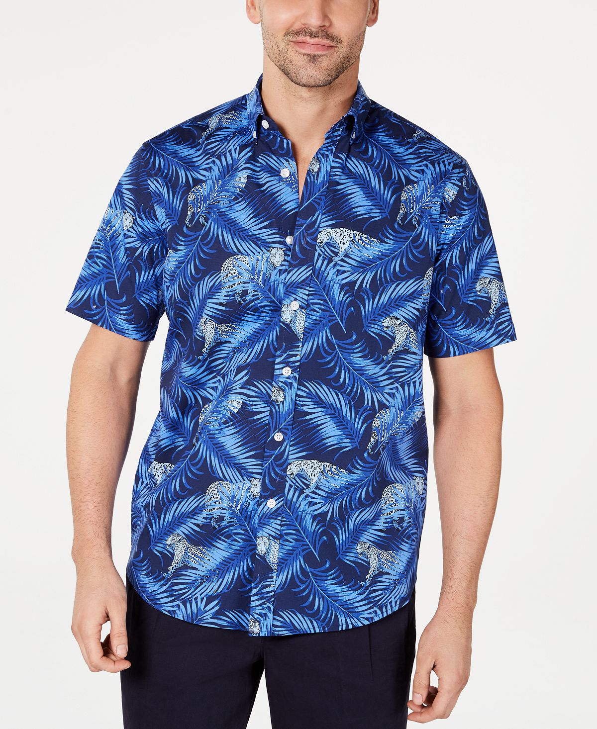 Club Room Stretch Cheetah-print Jungle Shirt Navy Blue