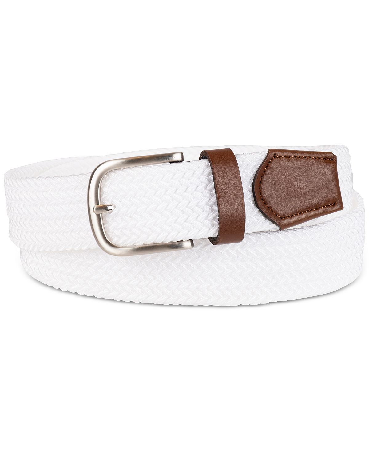 Club Room Stretch Comfort Braided Belt With Faux-leather Trim White