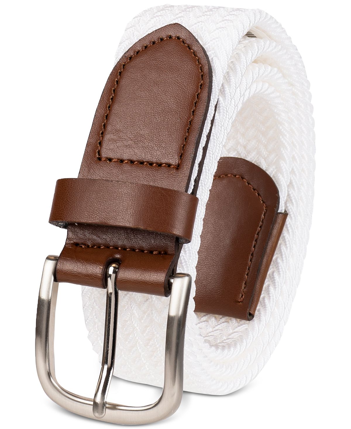 Club Room Stretch Comfort Braided Belt With Faux-leather Trim White