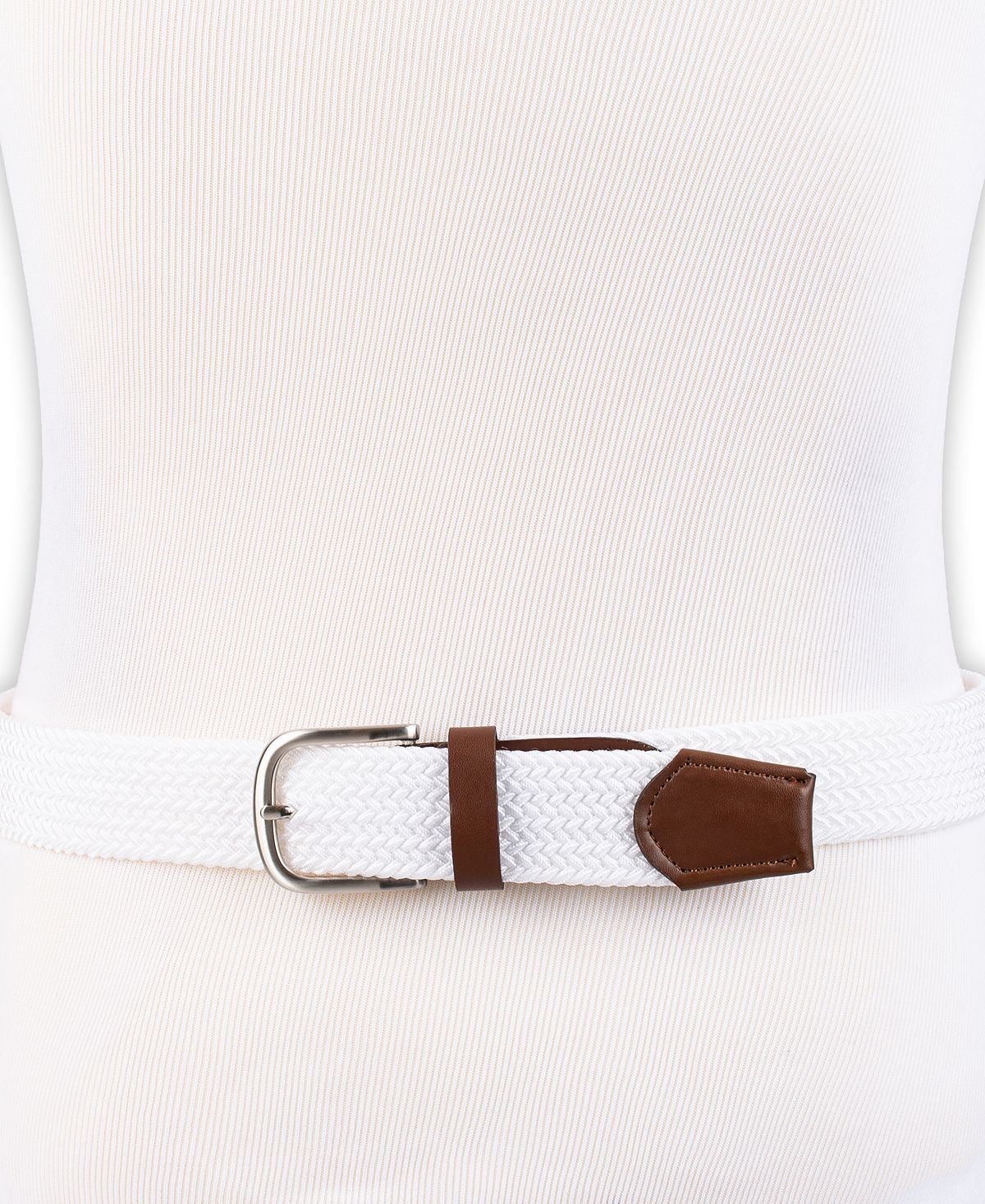 Club Room Stretch Comfort Braided Belt With Faux-leather Trim White
