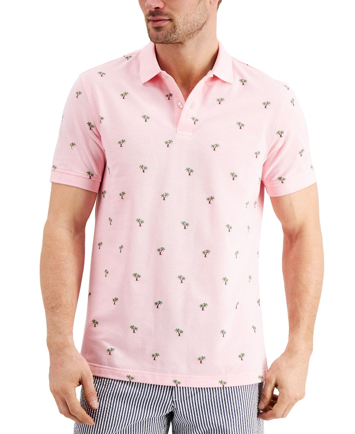 Club Room Stretch Tropical Print Polo Shirt Dusty Pink