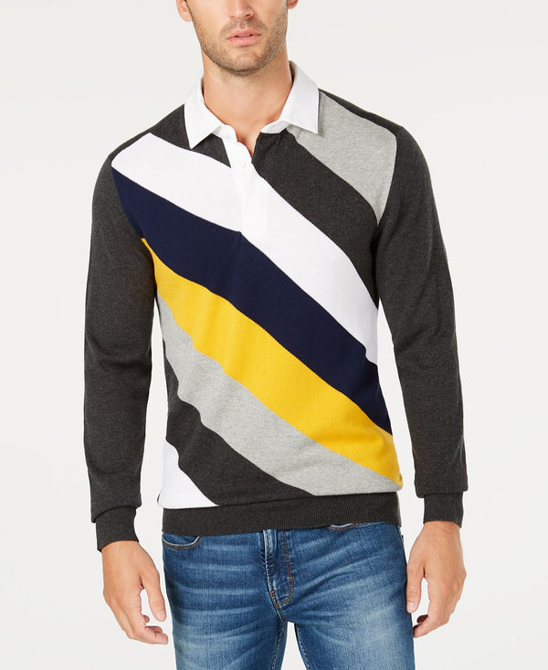 Club Room Striped Rugby Sweater Onyx Heather Combo