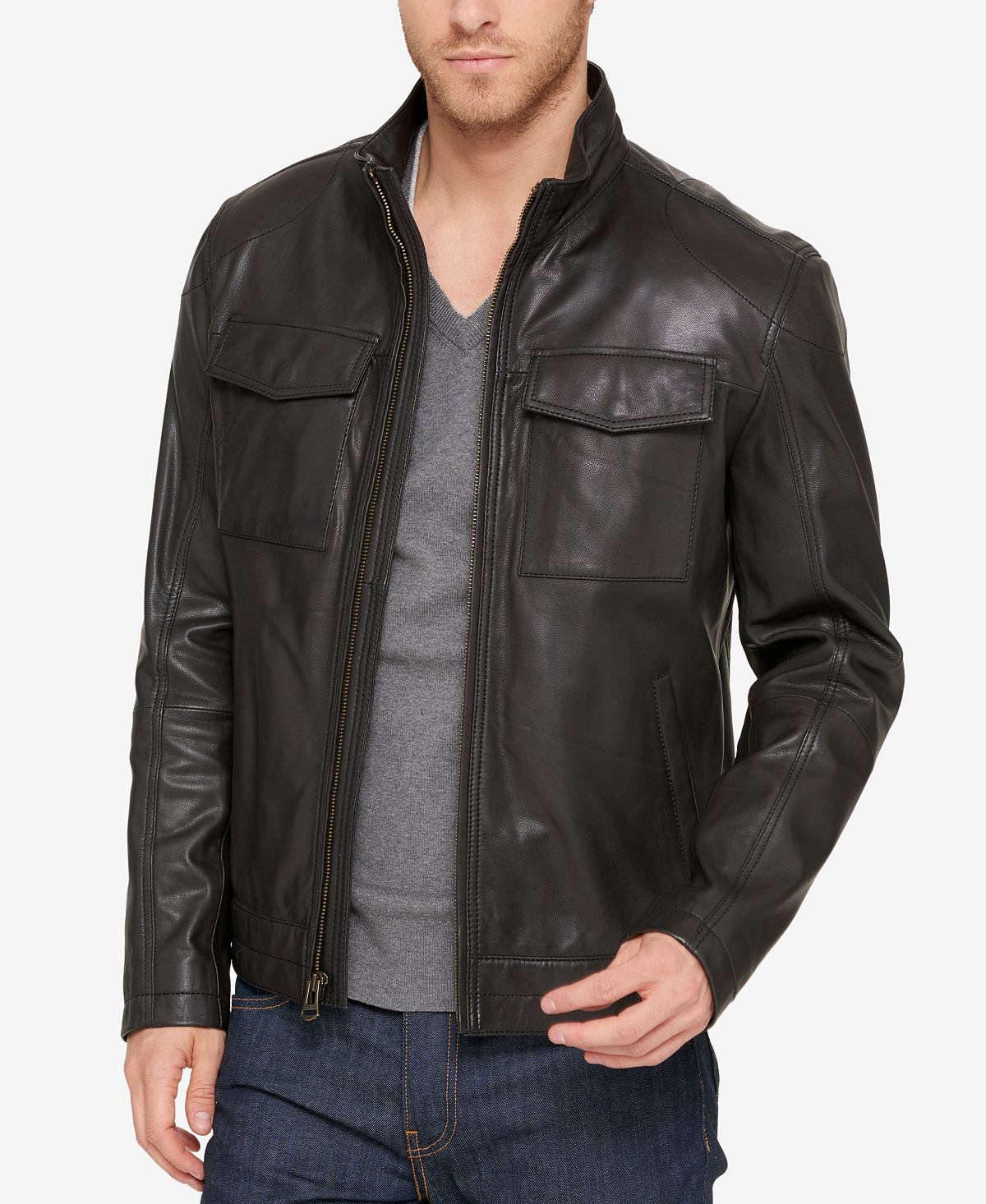 Cole Haan Leather Trucker Jacket Black
