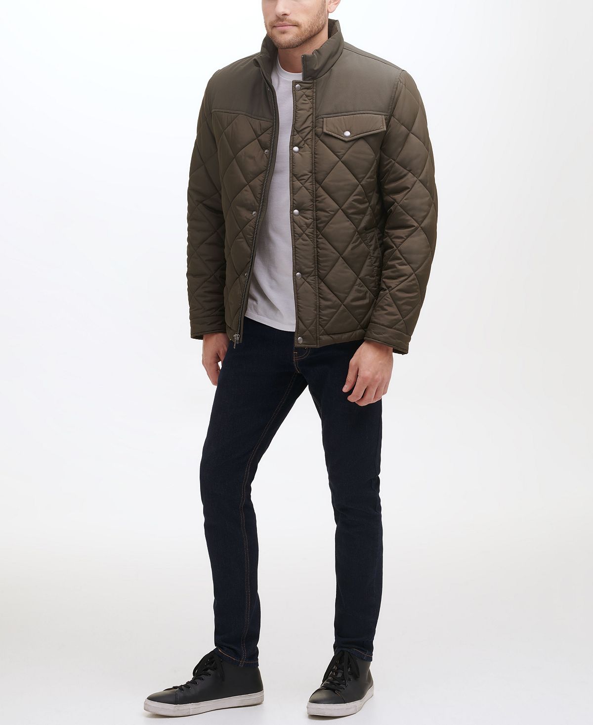 Cole Haan Mixed Media Diamond Quilt With Faux Sherpa Lining Coat Olive