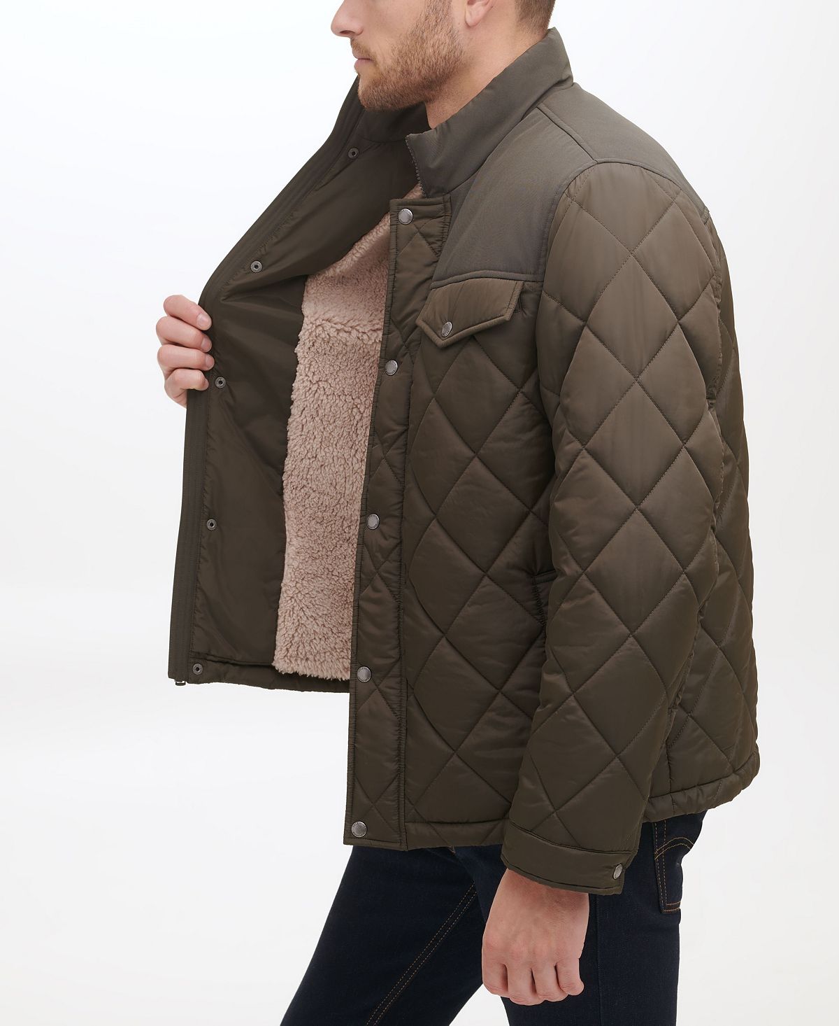 Cole Haan Mixed Media Diamond Quilt With Faux Sherpa Lining Coat Olive