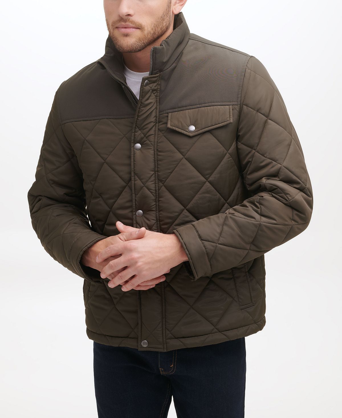 Cole Haan Mixed Media Diamond Quilt With Faux Sherpa Lining Coat Olive