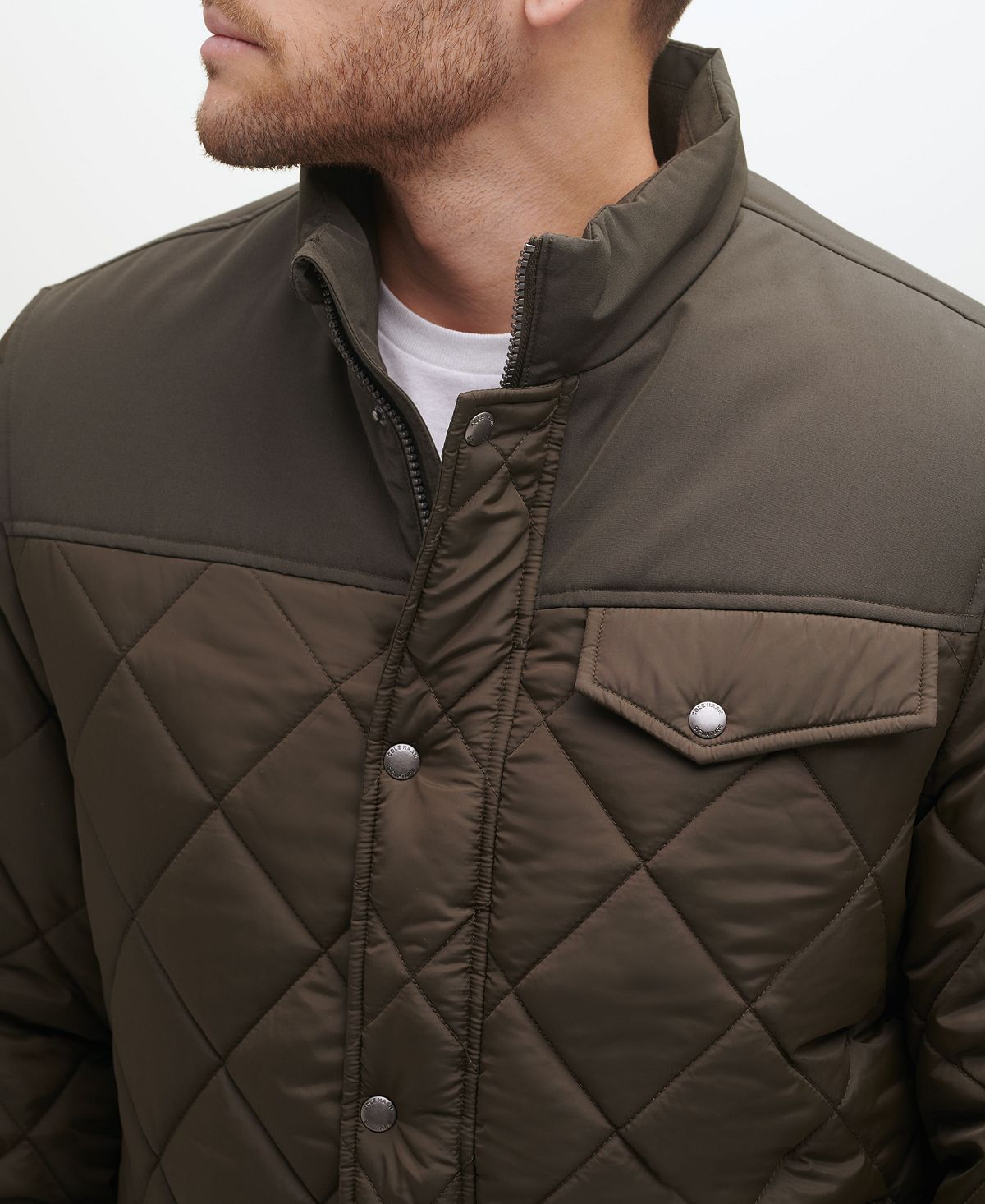 Cole Haan Mixed Media Diamond Quilt With Faux Sherpa Lining Coat Olive