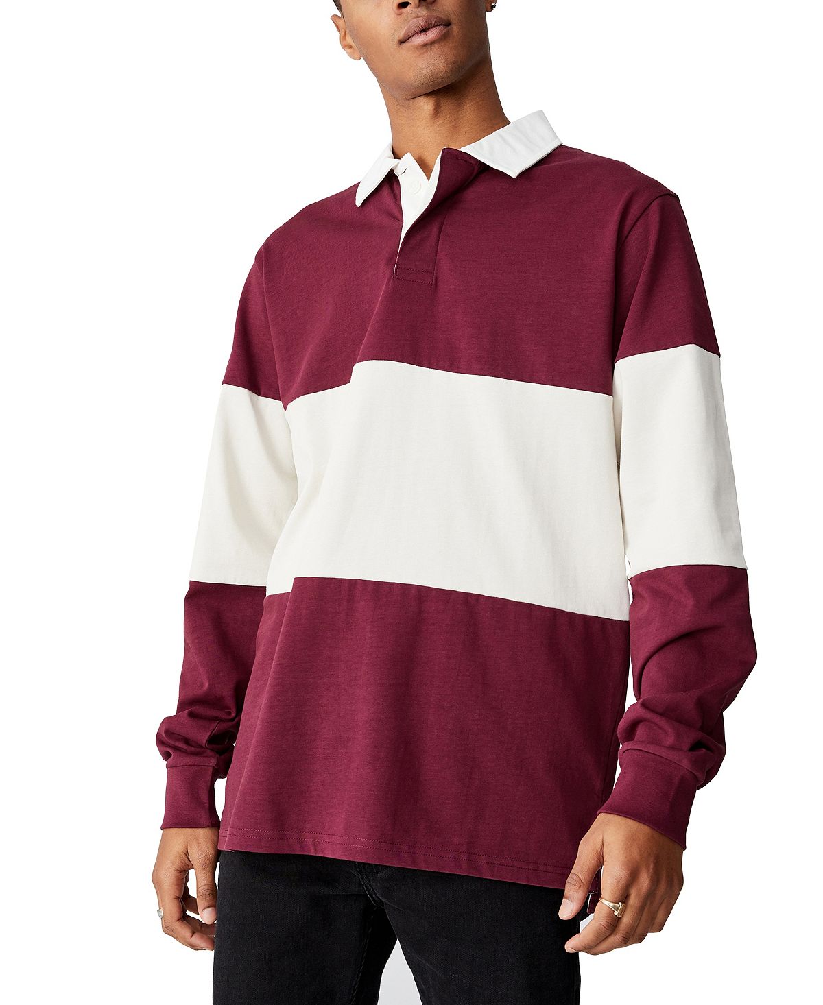 Cotton On Rugby Long Sleeve Polo Shirt Burgundy Mid Panel