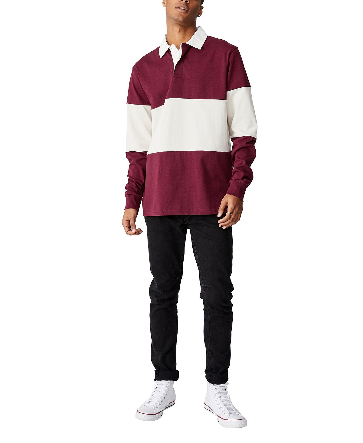 Cotton On Rugby Long Sleeve Polo Shirt Burgundy Mid Panel