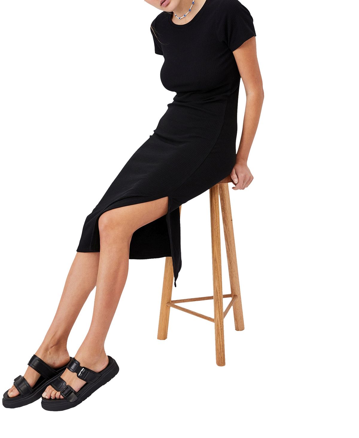 Cotton On Wo Essential Split Short Sleeve Midi Dress Black