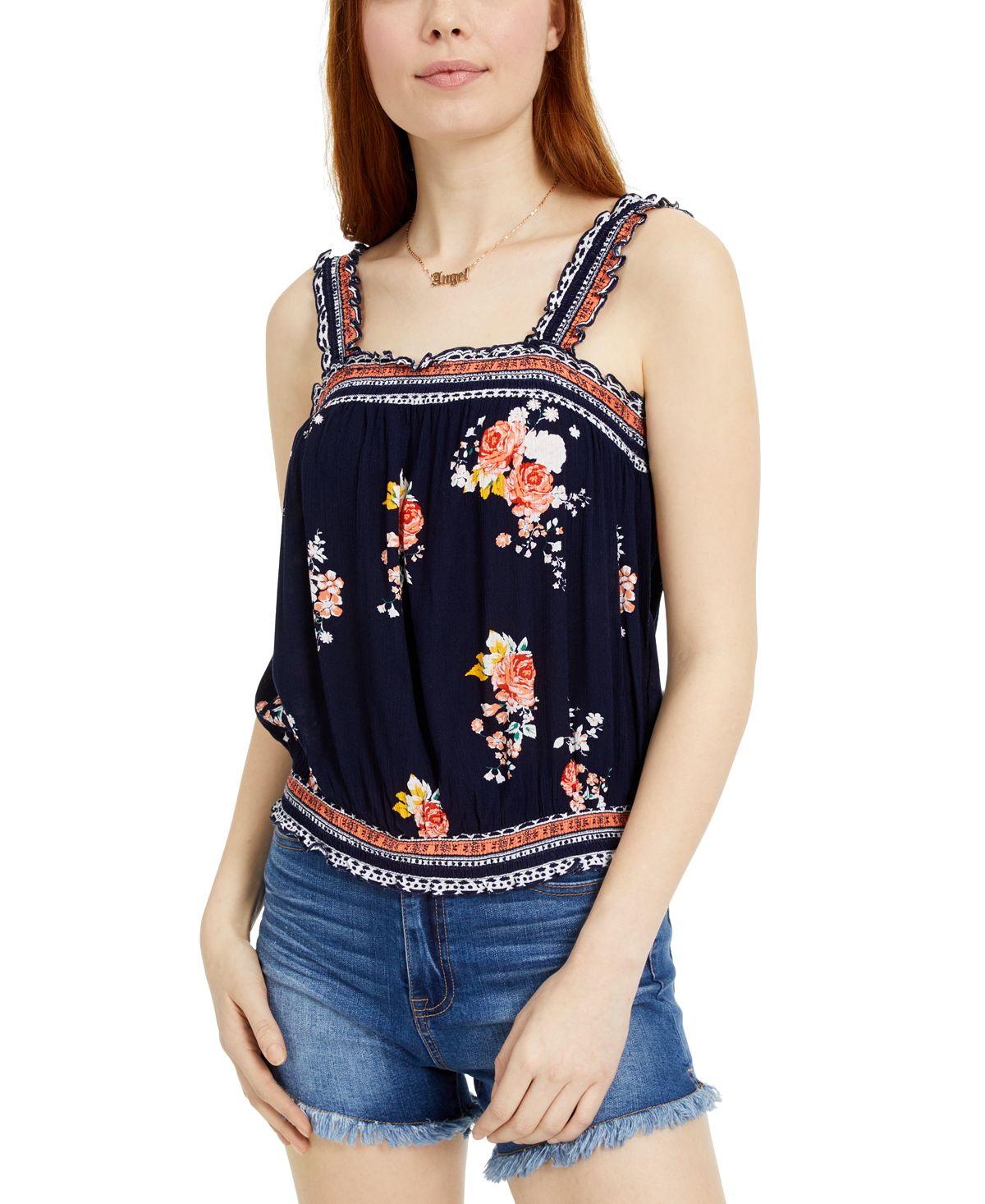 Crave Fame Juniors' Printed Smocked Bubble Tank Top Navy Combo