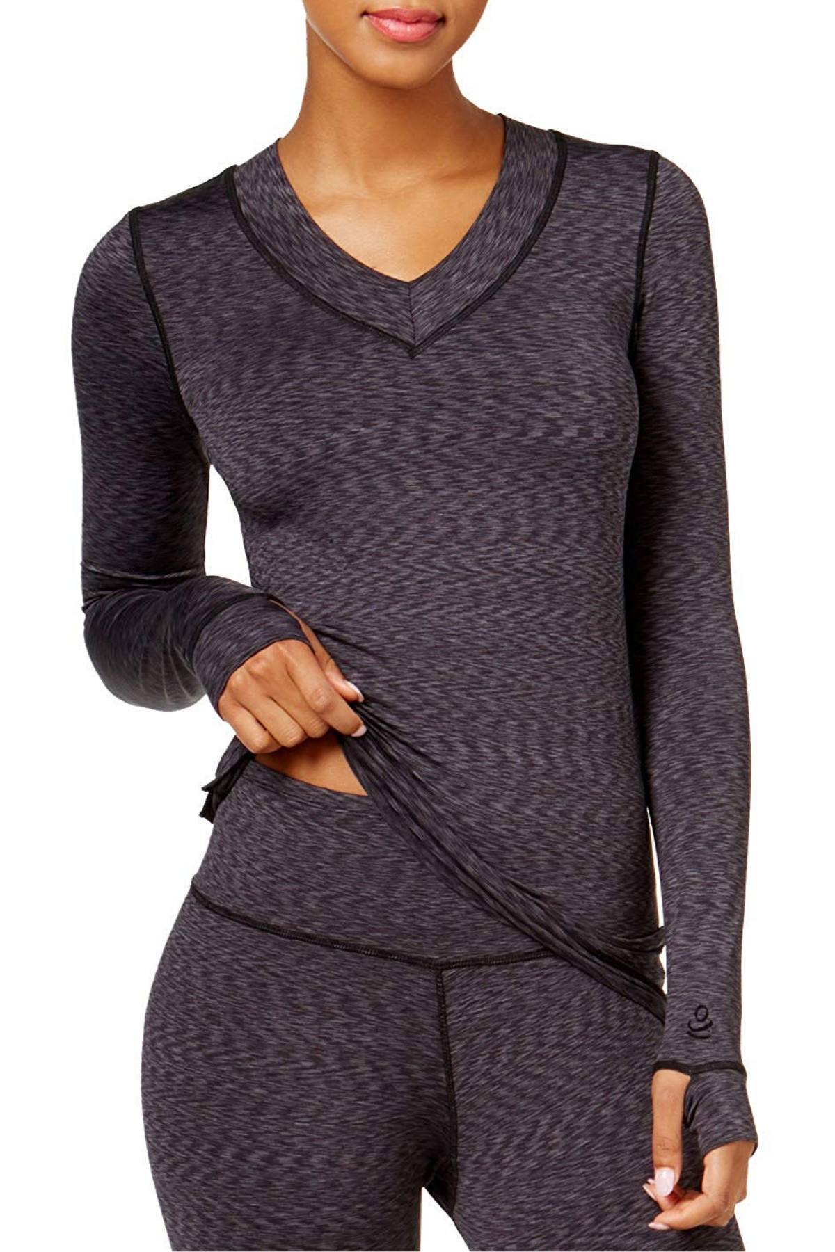 CuddlDuds Black/Grey Space-Dye Flex-Fit V-Neck Top