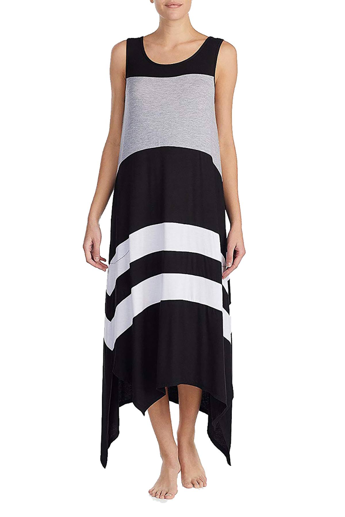 DKNY Black Asymmetrical-Hem Striped Maxi Lounge Dress