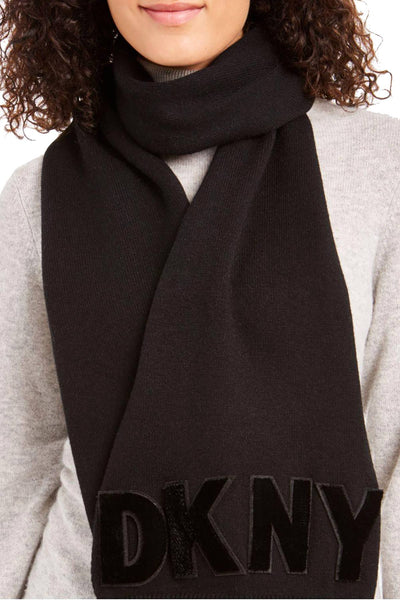 DKNY Black/Black Logo Velvet Flocked Flat Knit Scarf