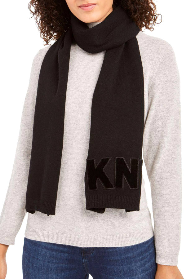 DKNY Black/Black Logo Velvet Flocked Flat Knit Scarf