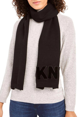 DKNY Black/Black Logo Velvet Flocked Flat Knit Scarf thumbnail 1