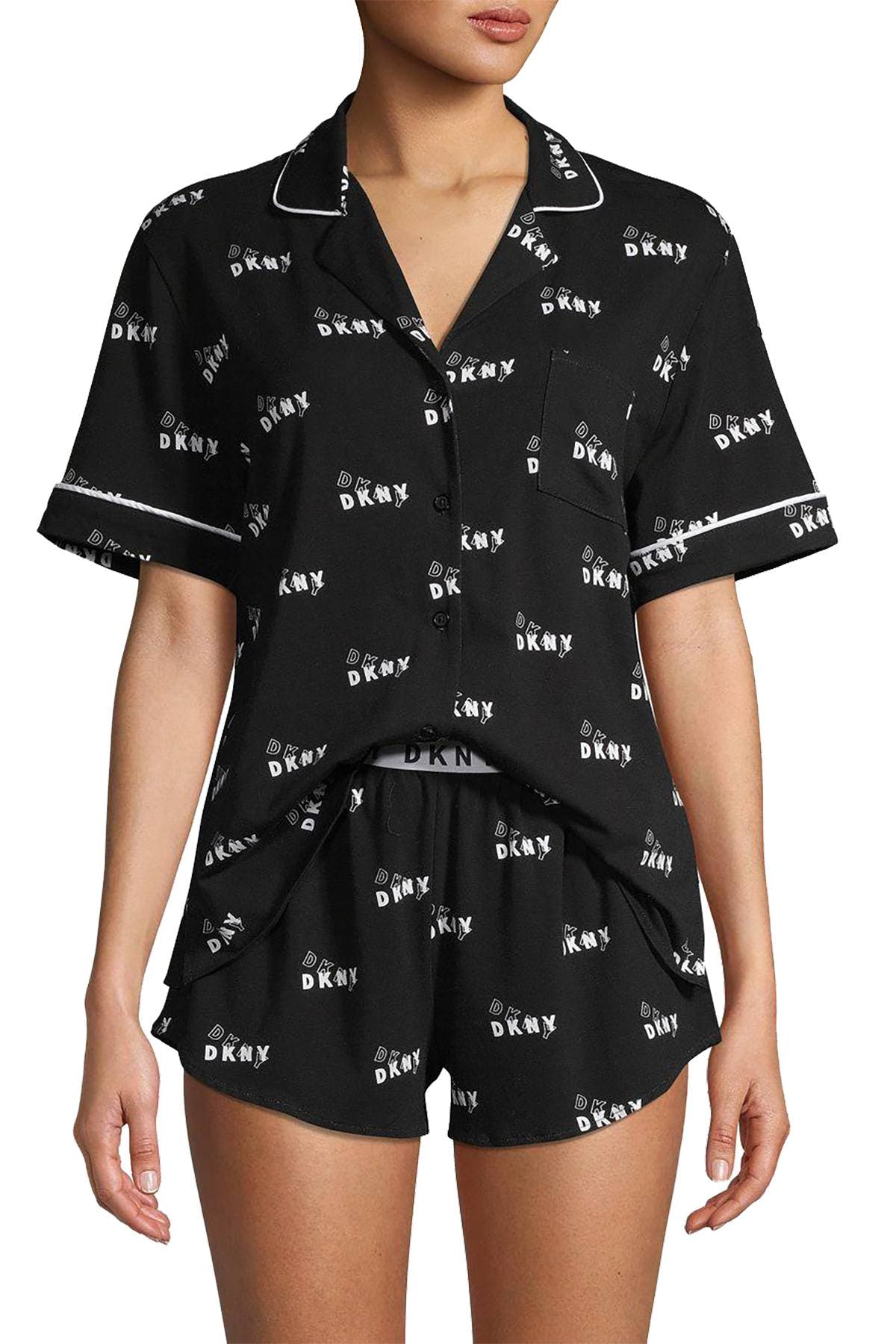 DKNY Black Logo Notch Collar Top And Boxer Short 2pc PJ Set