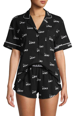 DKNY Black Logo Notch Collar Top And Boxer Short 2pc PJ Set thumbnail 1