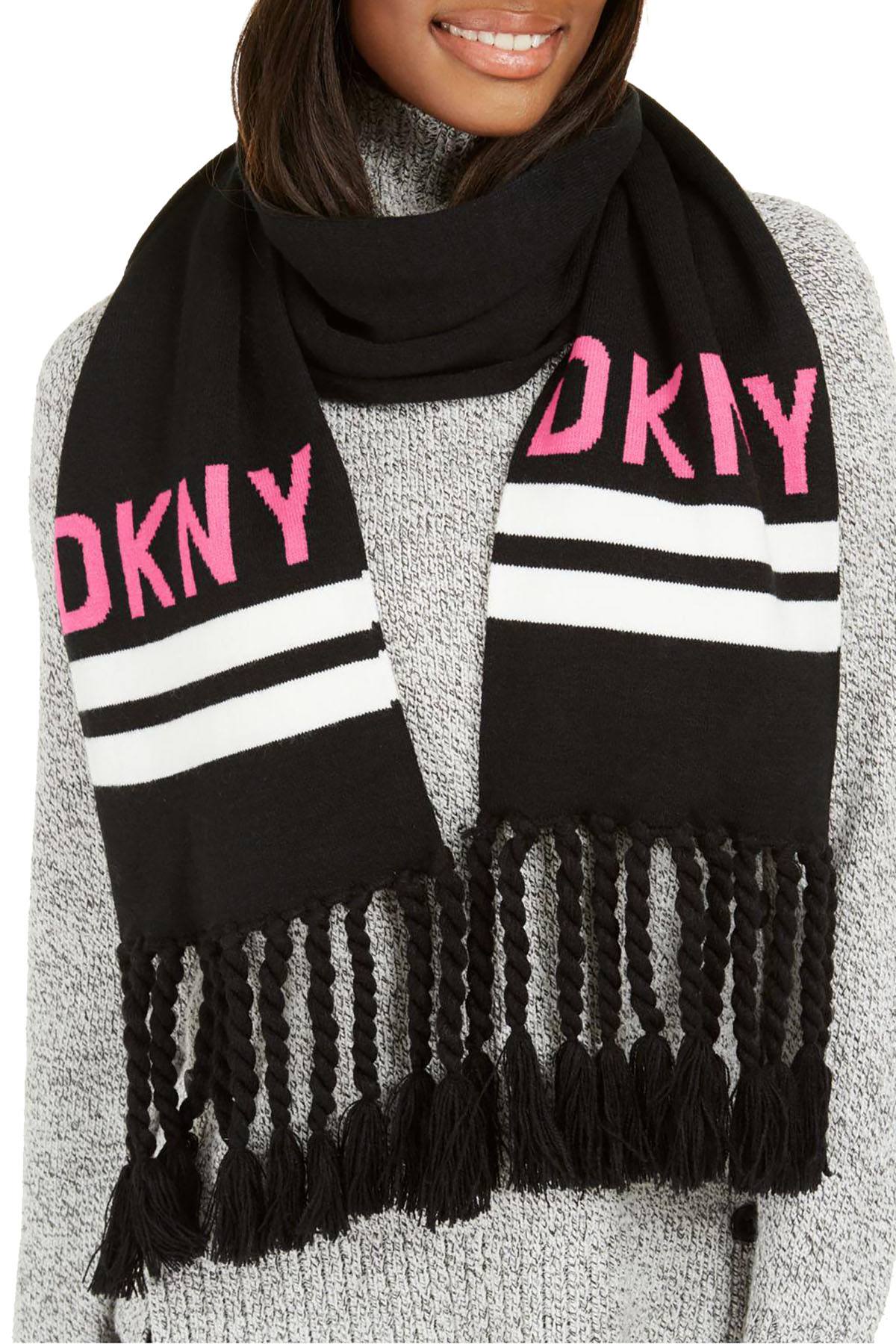 DKNY Black/Neon Pink Logo Stadium Scarf With Tassel Fringe