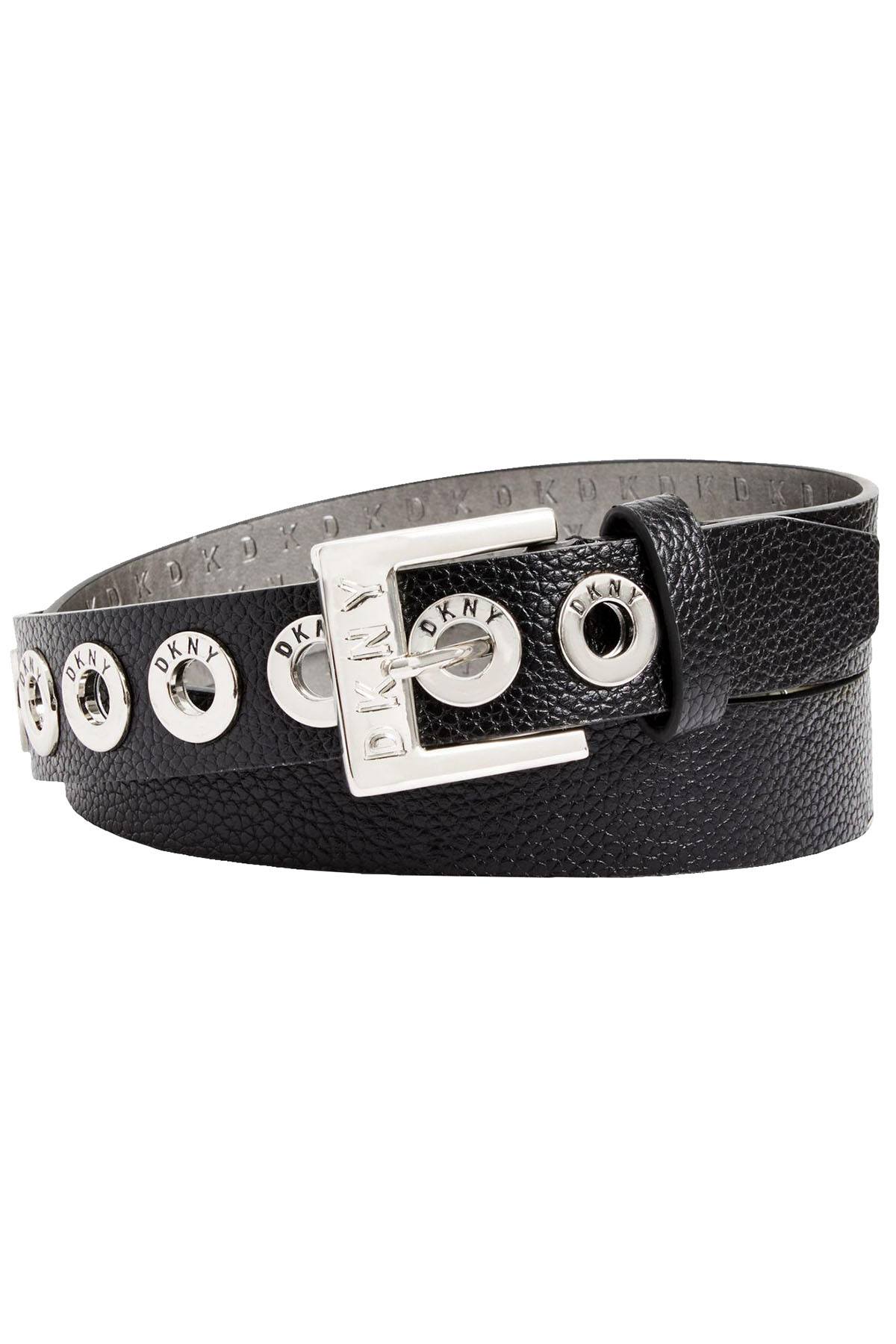 DKNY Black Pebbled Faux Leather Grommet Belt