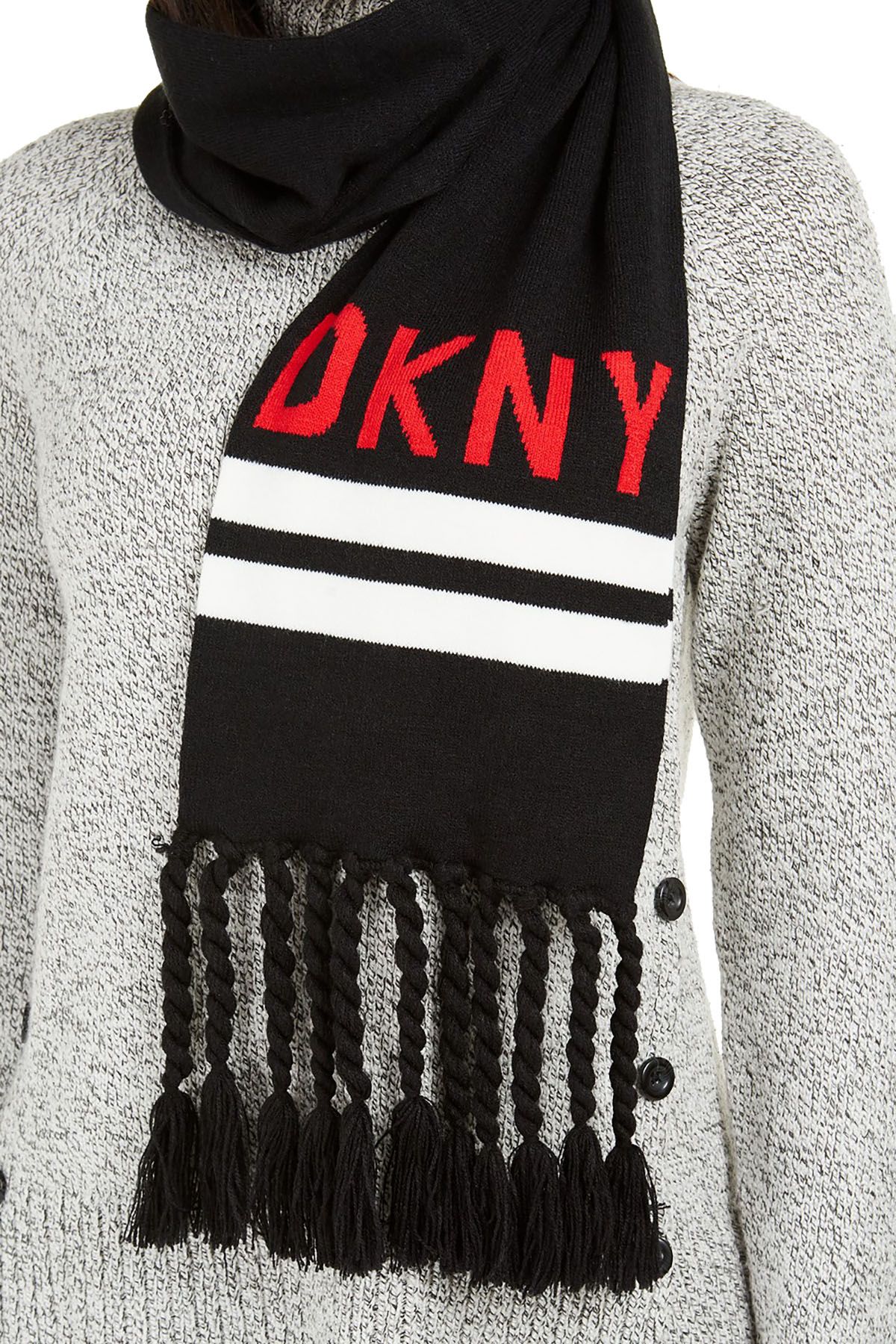 DKNY Black/Red Logo Stadium Scarf With Tassel Fringe