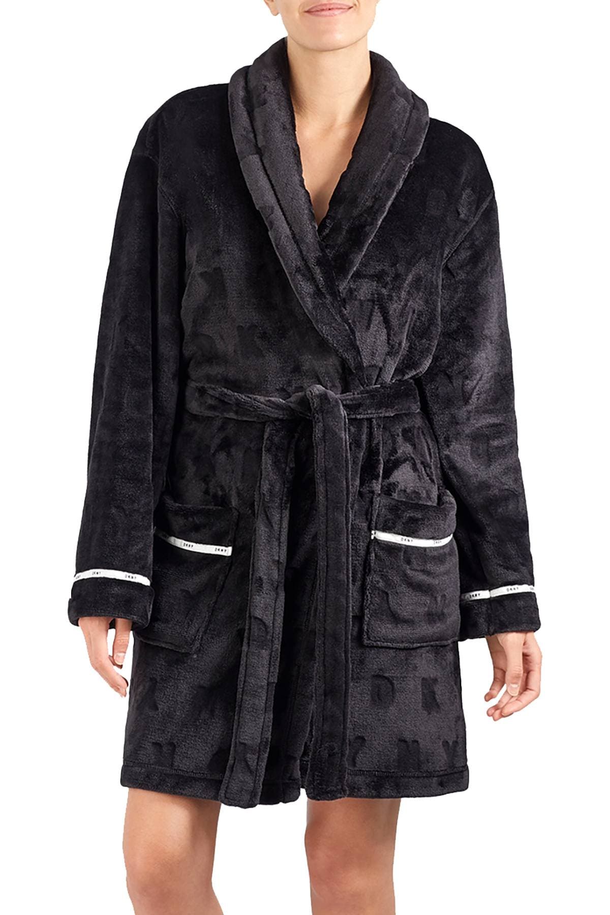 DKNY Black Signature Plush Short Wrap Robe