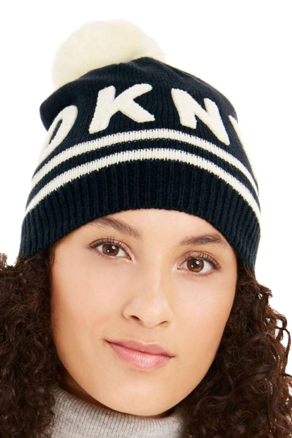 DKNY Black Varsity Letter Beanie With Pom Pom