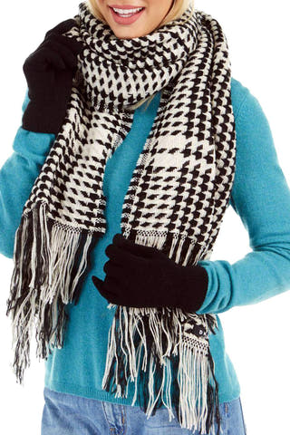 DKNY Black/White Houndstooth Metallic Weave Scarf