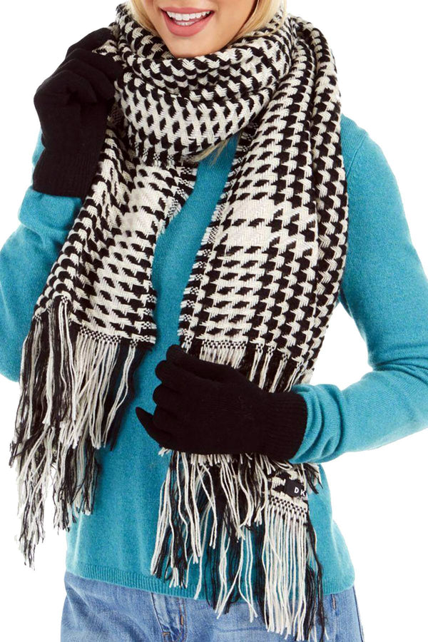 DKNY Black/White Houndstooth Metallic Weave Scarf