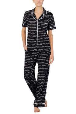 DKNY Black/White Logo Contrast-Trim Knit Pajama Set thumbnail 1