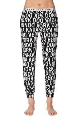 DKNY Black/White Logo Print Knit Jogger Lounge Pant thumbnail 1