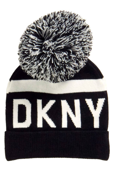 DKNY Black/White Logo Stadium Beanie With Pom Pom