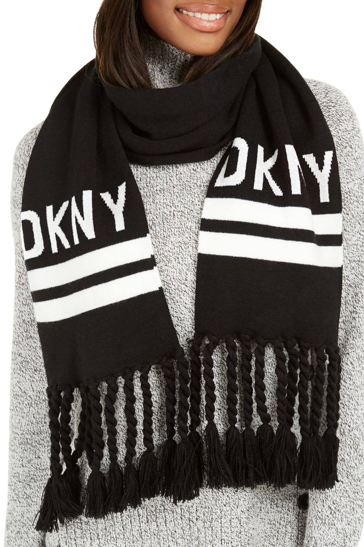 DKNY Black/White Logo Stadium Scarf With Tassel Fringe