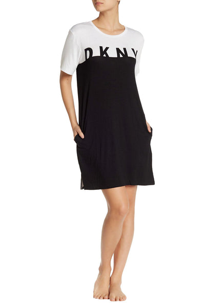 DKNY Black/White Short Sleeve Logo Colorblock Knit Sleepshirt