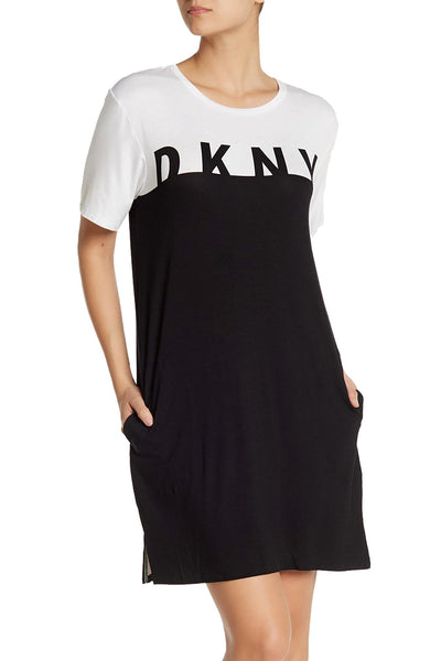 DKNY Black/White Short Sleeve Logo Colorblock Knit Sleepshirt