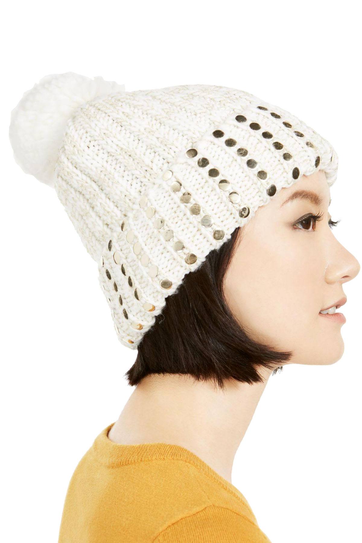 DKNY Cream/Gold Flat Stud Metallic Rib-Knit Beanie