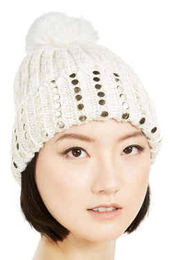 DKNY Cream/Gold Flat Stud Metallic Rib-Knit Beanie thumbnail 2