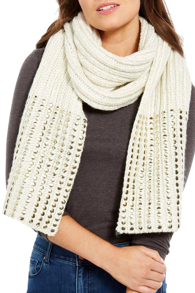 DKNY Cream/Gold Flat Stud Metallic Rib-Knit Scarf