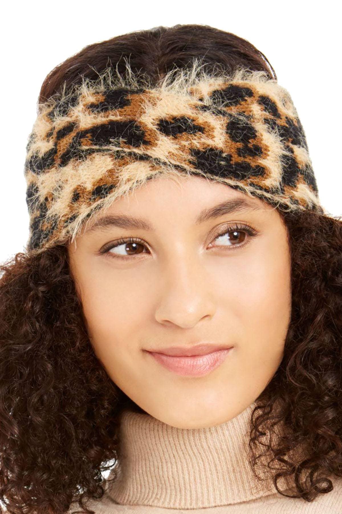 DKNY Fuzzy Leopard Print Knit Twist Headband