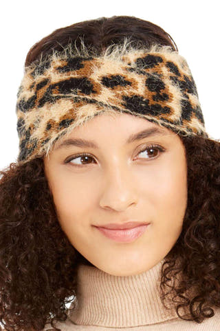 DKNY Fuzzy Leopard Print Knit Twist Headband