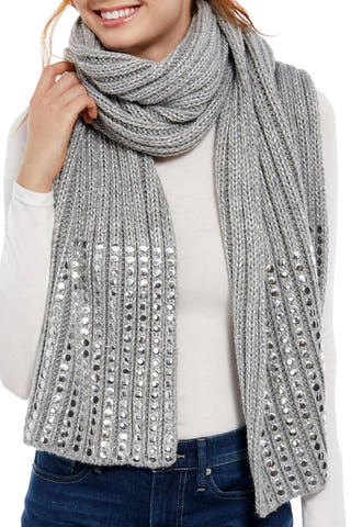 DKNY Grey/Silver Flat Stud Metallic Rib-Knit Scarf