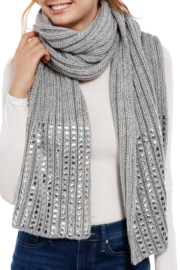 DKNY Grey/Silver Flat Stud Metallic Rib-Knit Scarf