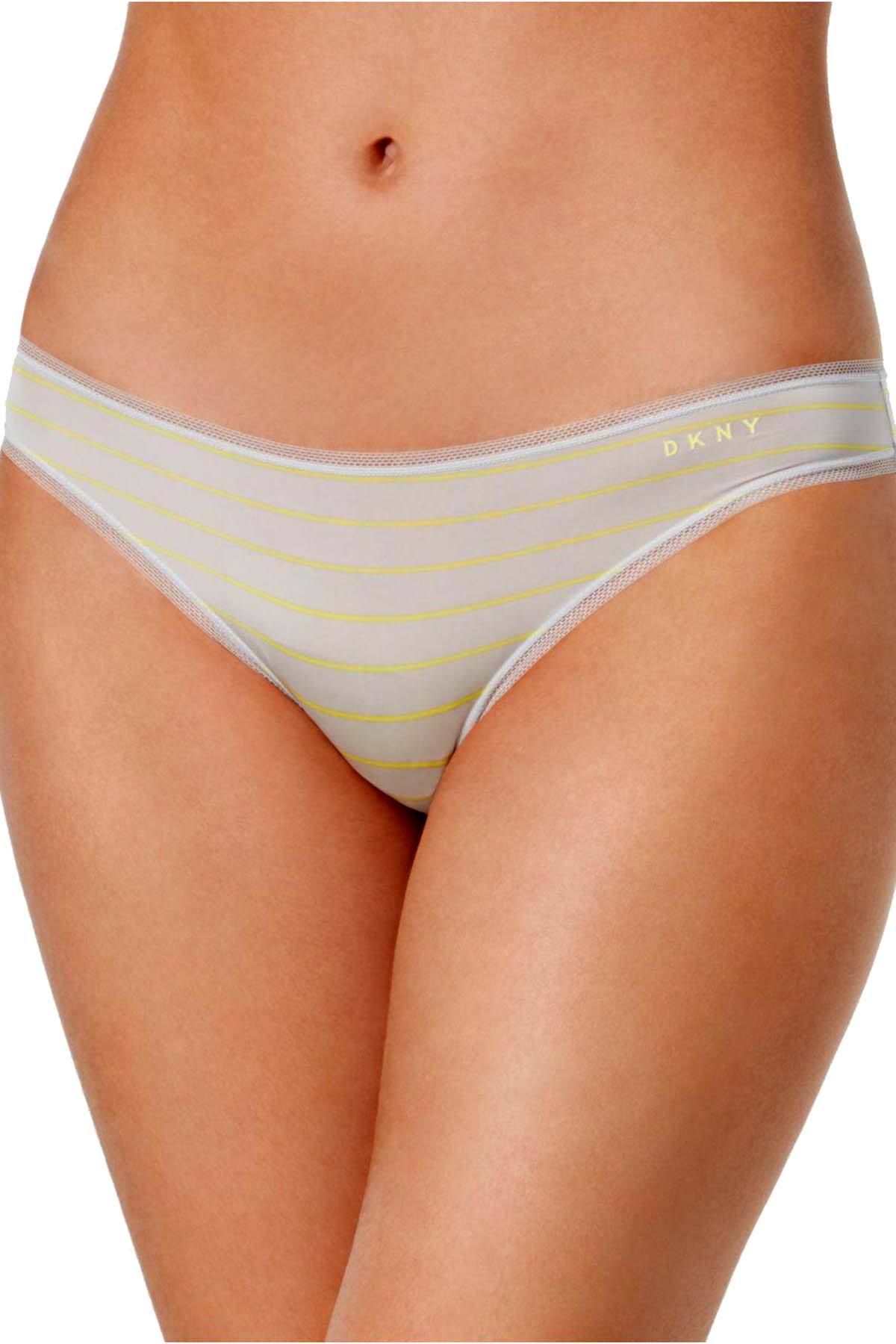 DKNY Grey and Yellow Striped Litewear Low-Rise Mesh-Trim Bikini Brief